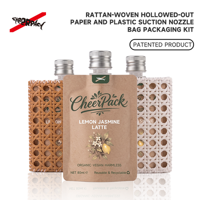 Kwaliteit  Reusable Rattan Woven Spout Pouch with Aluminum Cap | CheerPack Patented 100ml rattan-woven hollow-out spout pouch with reusable Sleeve and aluminum screw cap. Eco cosmetic packaging, OEM/ODM welcome. Fabriek