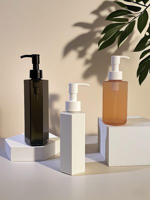 Zeshoekige Rechte Body PET Plastic Fles met Drukpomp Afsluiting voor Cosmetische Lotion of Shampoo in 120ml 150ml 200ml Capaciteit